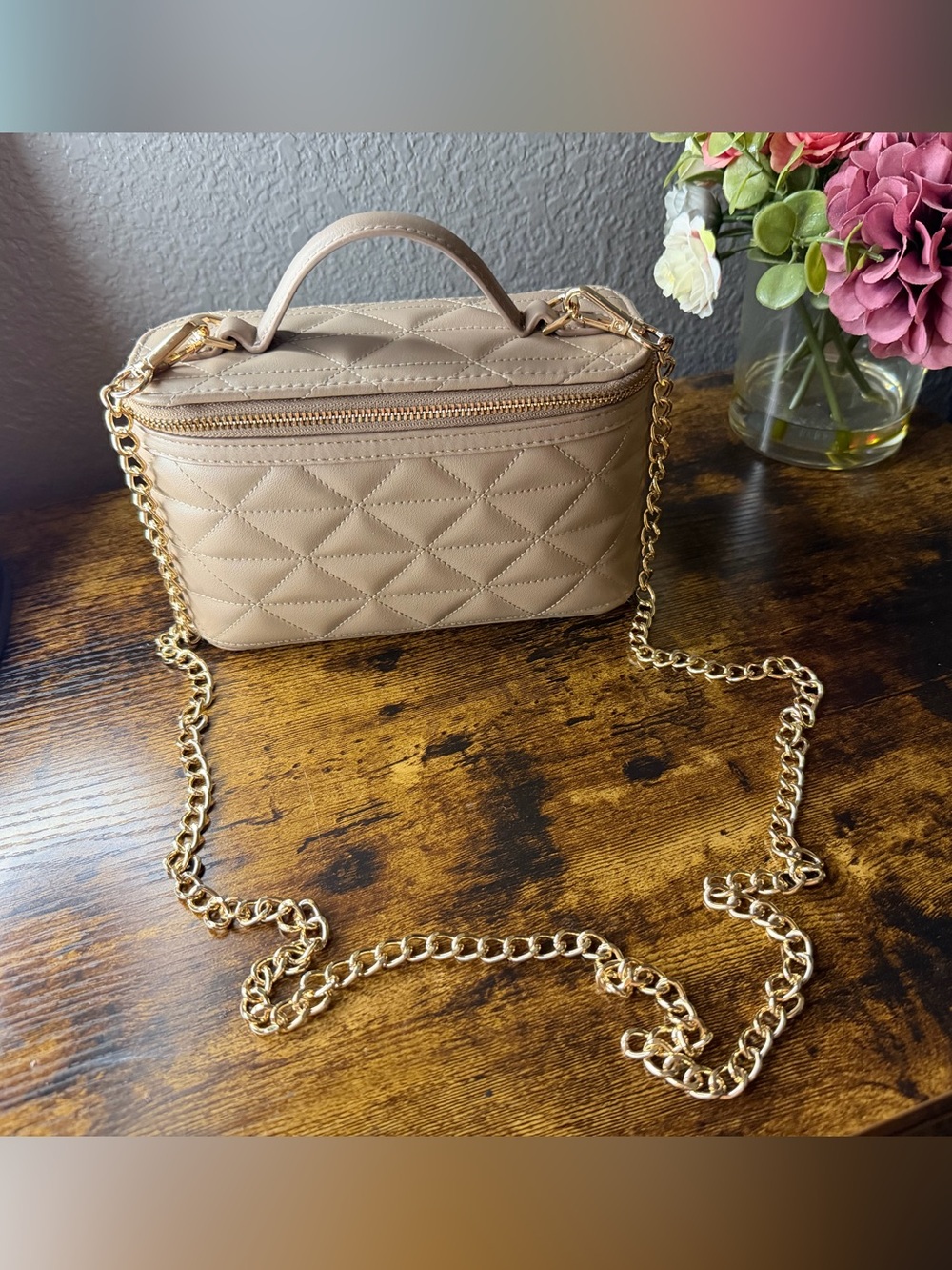 a new day Quilted Taupe Crossbody Bag with Gold Chain